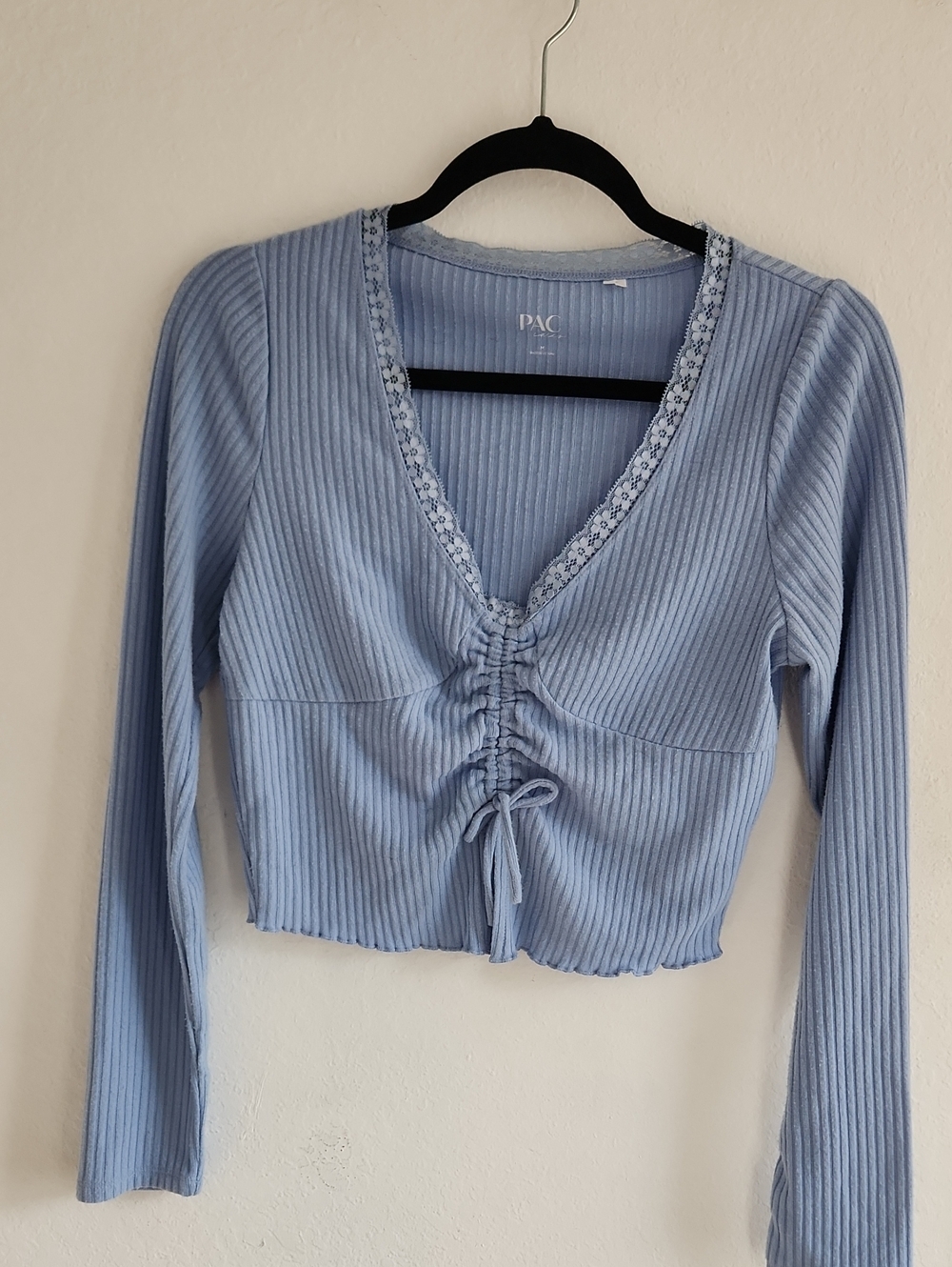 Y2k Coquette Balletcore Blue Ribbed Lace Trim Ruched Long Sleeve Top Size M
